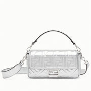 Boutique Quality || Fendi Large Baguette Bag In Silver FF Metallic Leather