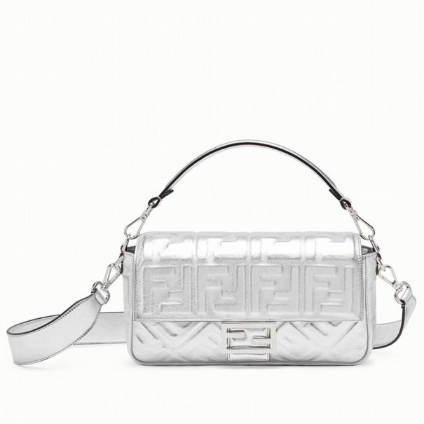 Boutique Quality || Fendi Large Baguette Bag In Silver FF Metallic Leather
