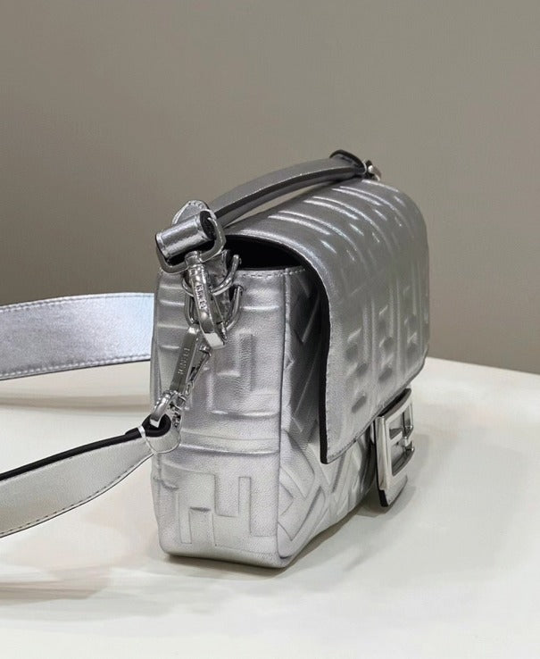 Boutique Quality || Fendi Large Baguette Bag In Silver FF Metallic Leather