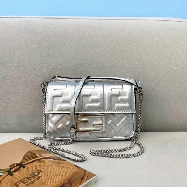 Boutique Quality || Fendi Small Baguette Bag In Silver FF