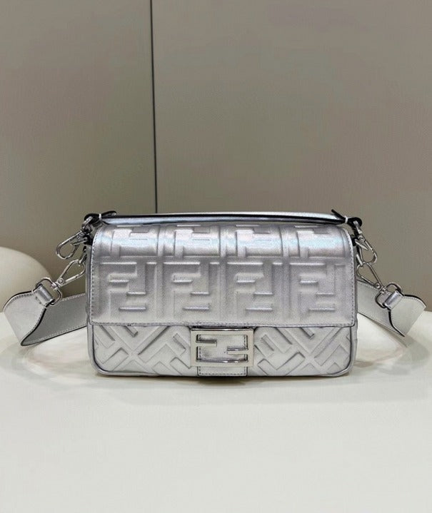 Boutique Quality || Fendi Large Baguette Bag In Silver FF Metallic Leather