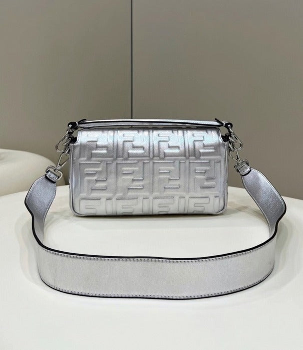 Boutique Quality || Fendi Large Baguette Bag In Silver FF Metallic Leather