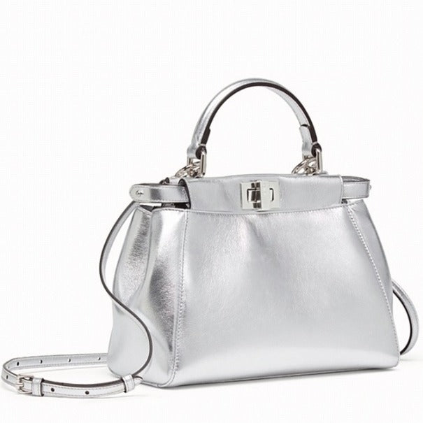 Boutique Quality || Fendi Peekaboo Mini Bag In Silver Metallic Lambskin