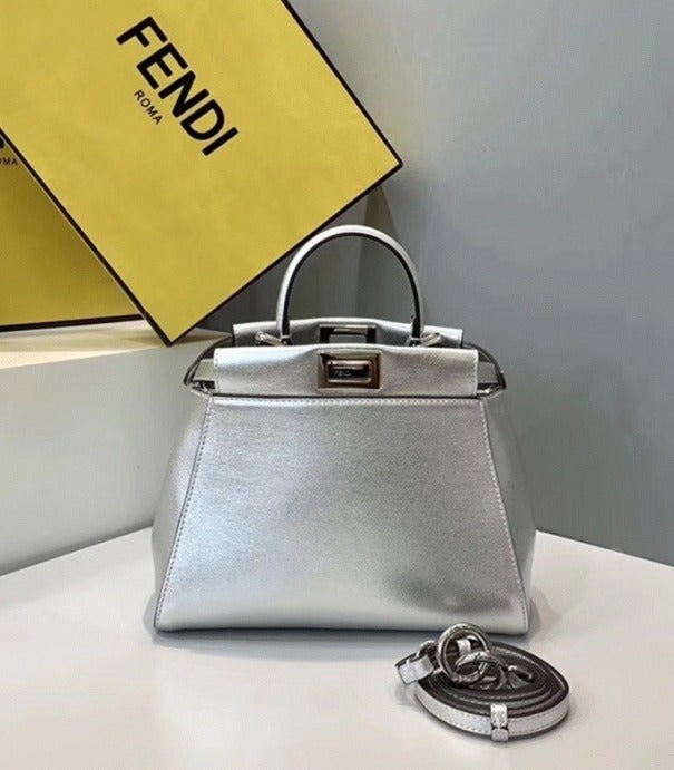 Boutique Quality || Fendi Peekaboo Mini Bag In Silver Metallic Lambskin