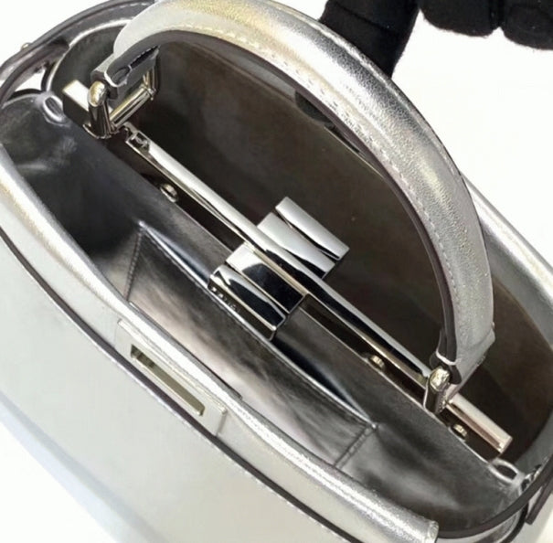 Boutique Quality || Fendi Peekaboo Mini Bag In Silver Metallic Lambskin