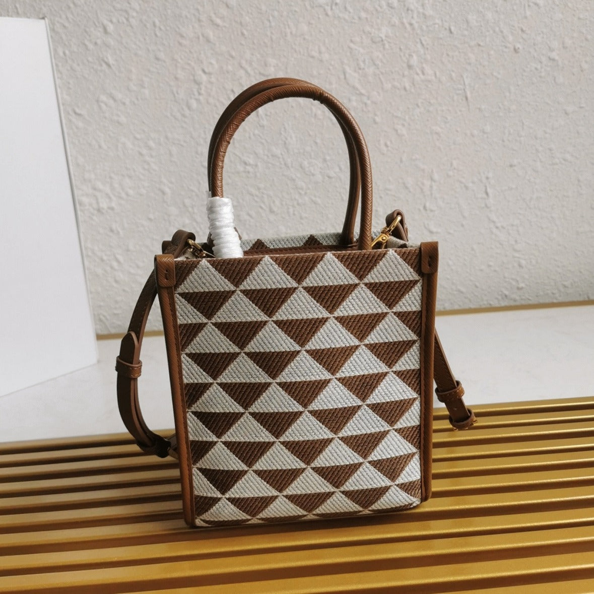 Boutique Quality || Prada Symbole Micro Bag in White/Brown Jacquard Fabric