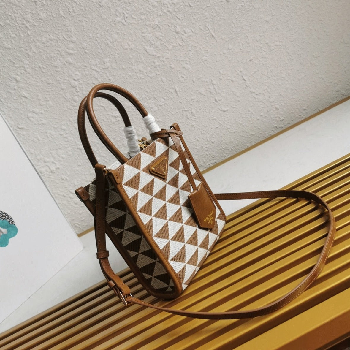 Boutique Quality || Prada Symbole Micro Bag in White/Brown Jacquard Fabric