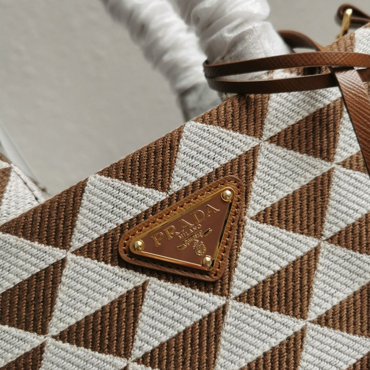 Boutique Quality || Prada Symbole Micro Bag in White/Brown Jacquard Fabric