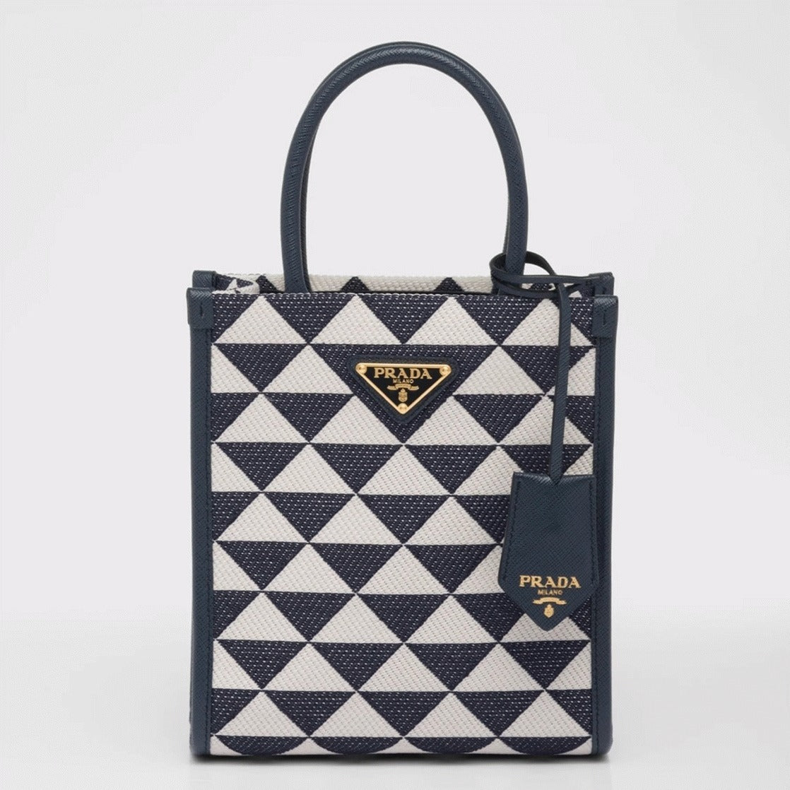 Boutique Quality || Prada Symbole Micro Bag in White/Blue Jacquard Fabric