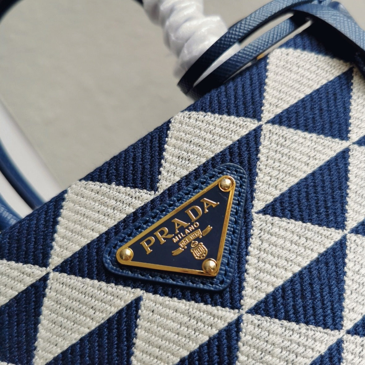 Boutique Quality || Prada Symbole Micro Bag in White/Blue Jacquard Fabric