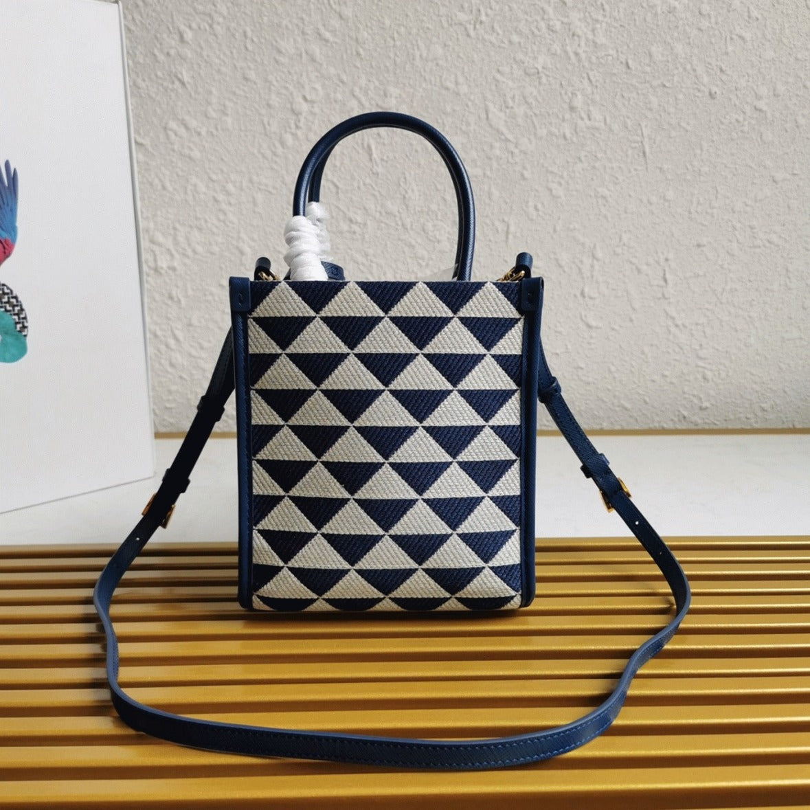 Boutique Quality || Prada Symbole Micro Bag in White/Blue Jacquard Fabric