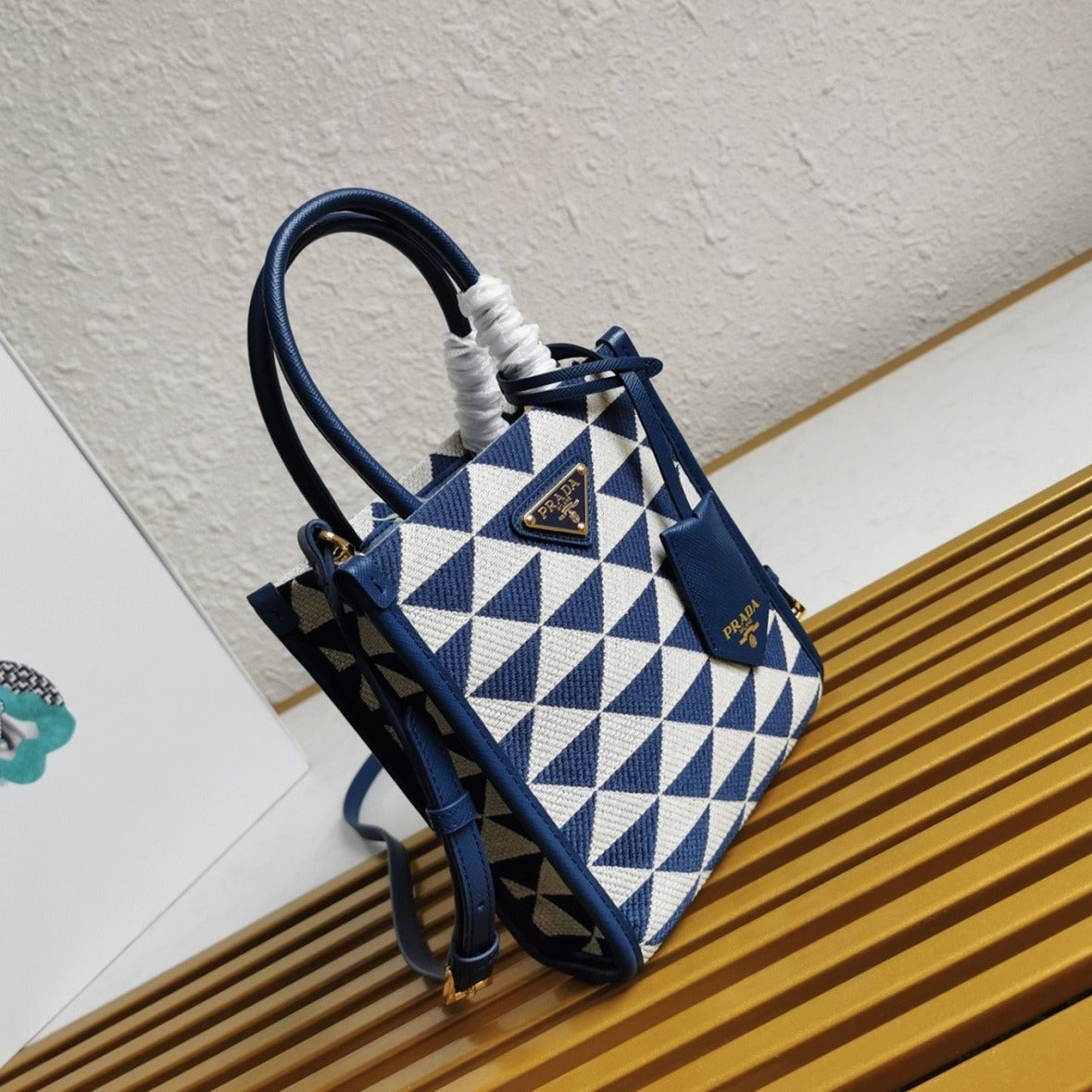 Boutique Quality || Prada Symbole Micro Bag in White/Blue Jacquard Fabric