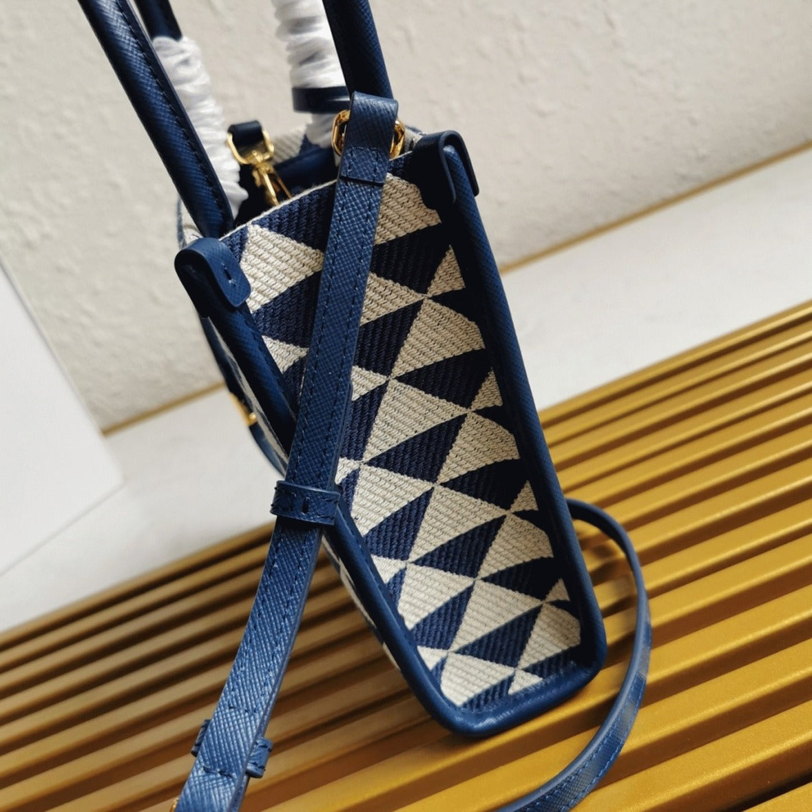 Boutique Quality || Prada Symbole Micro Bag in White/Blue Jacquard Fabric