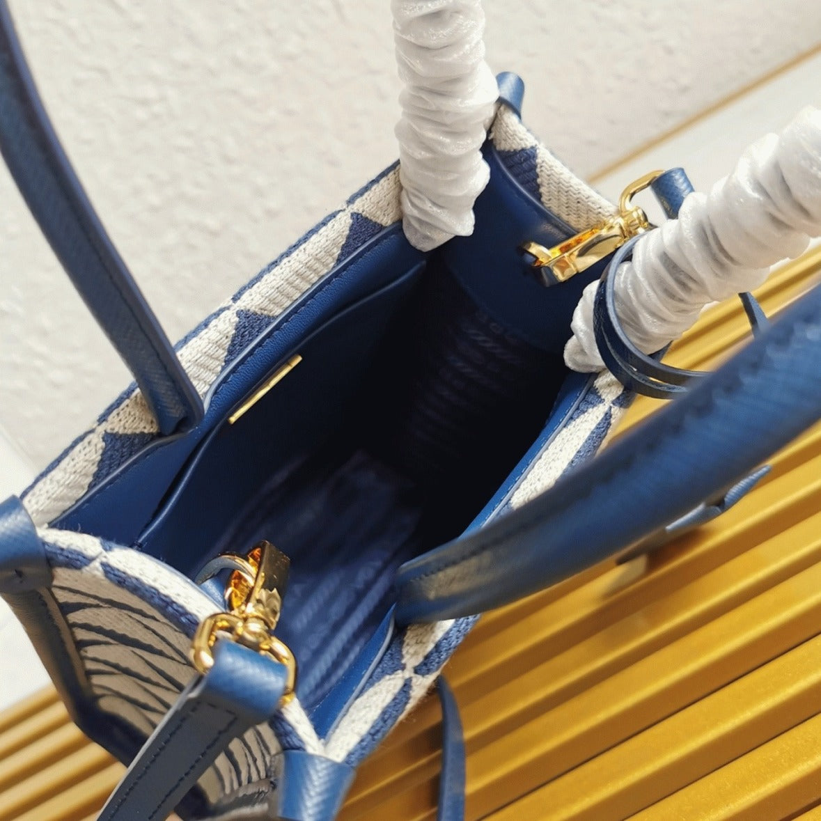 Boutique Quality || Prada Symbole Micro Bag in White/Blue Jacquard Fabric