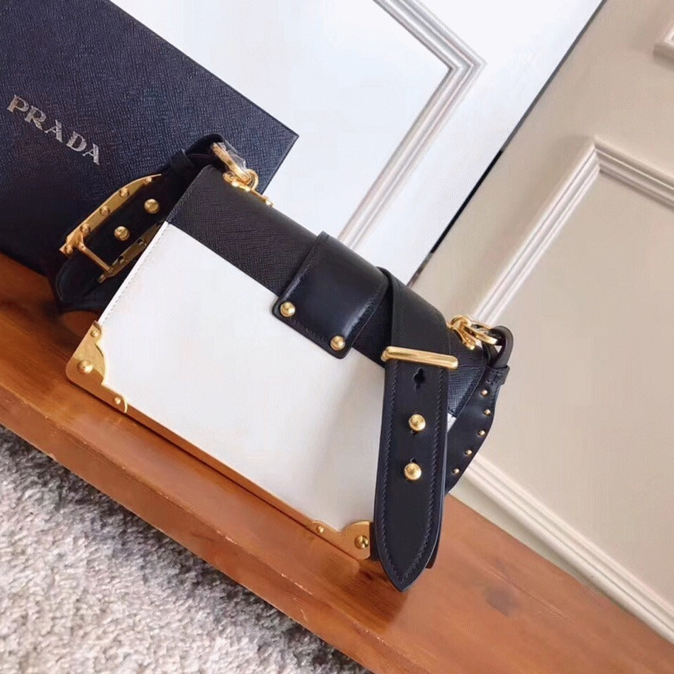 Boutique Quality ||  Prada White/Black Cahier Shoulder Bag Knockoff