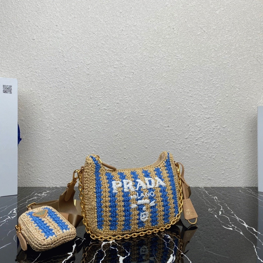 Boutique Quality || Prada Re-Edition Bag in Beige and Blue Stripe
