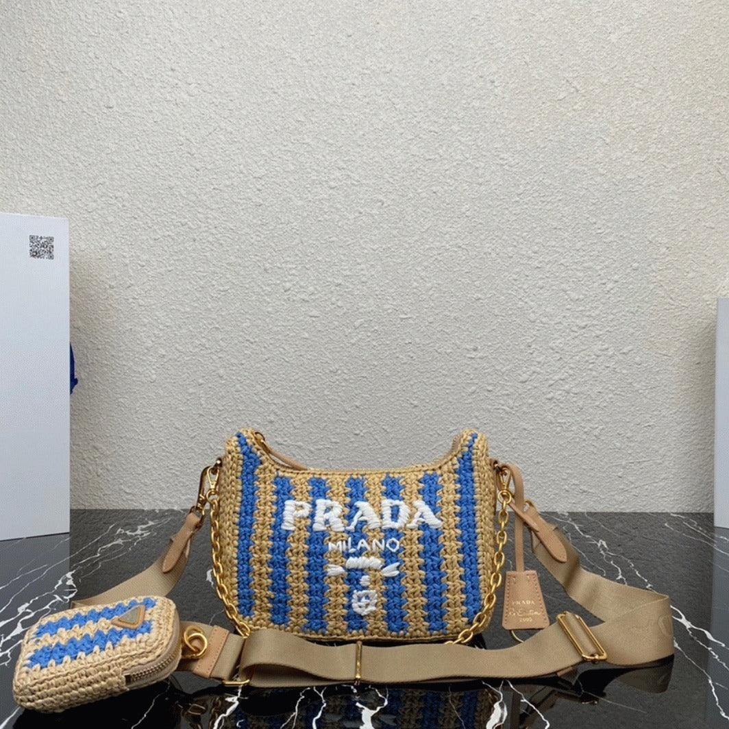 Boutique Quality || Prada Re-Edition Bag in Beige and Blue Stripe