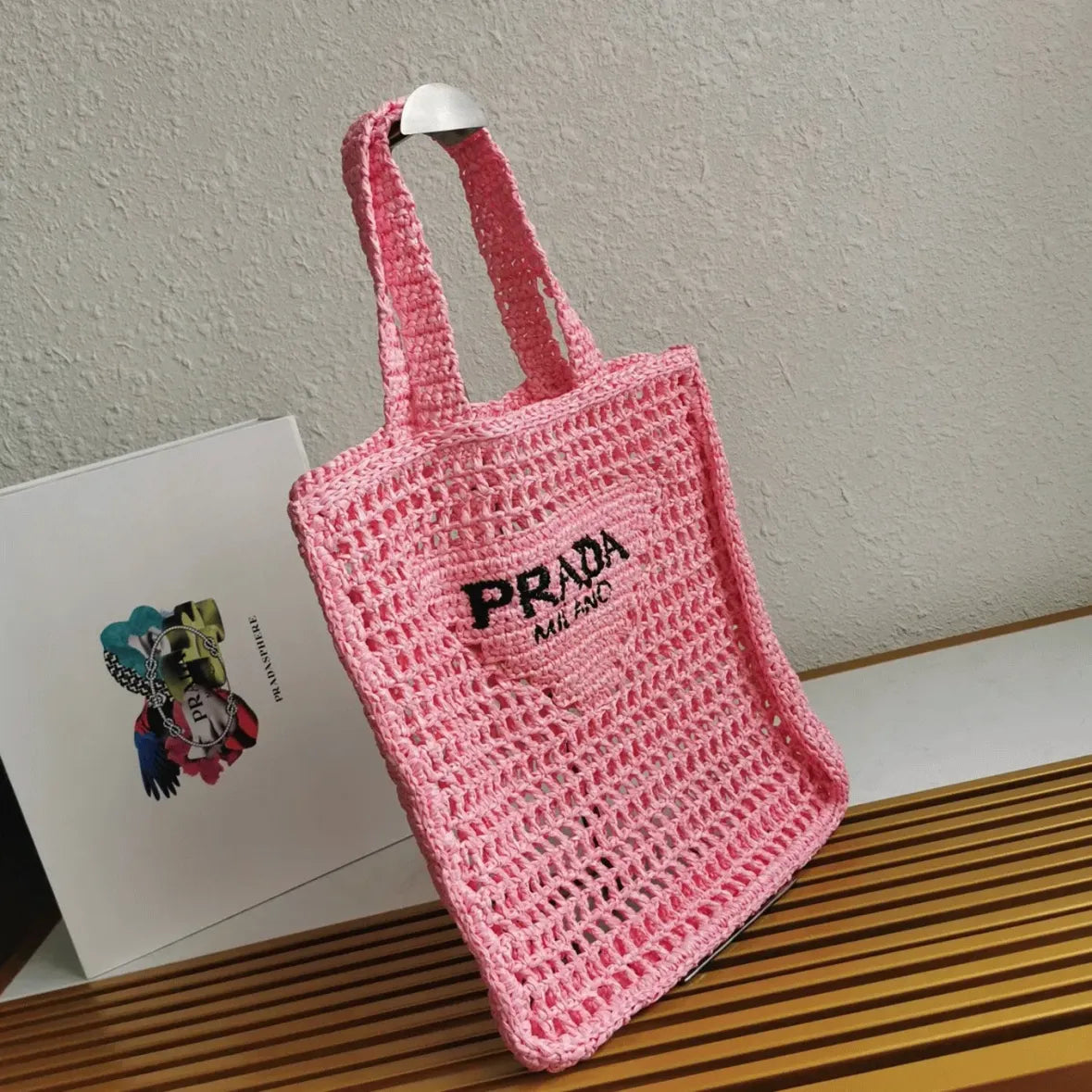 Boutique Quality || Prada Small Tote Bag in Pink Woven Raffia
