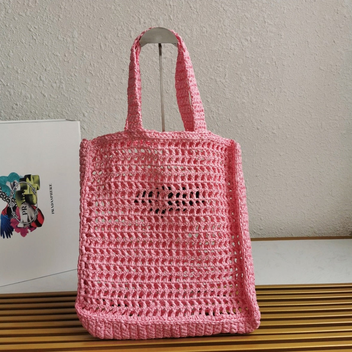 Boutique Quality || Prada Small Tote Bag in Pink Woven Raffia