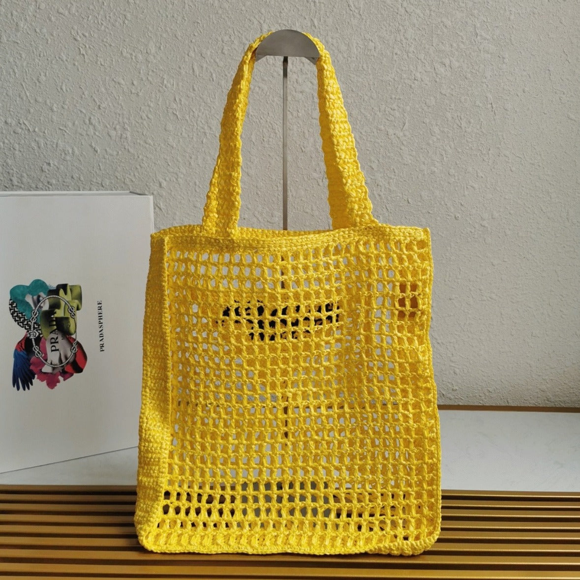 Boutique Quality || Prada Small Tote Bag in Yellow Woven Raffia