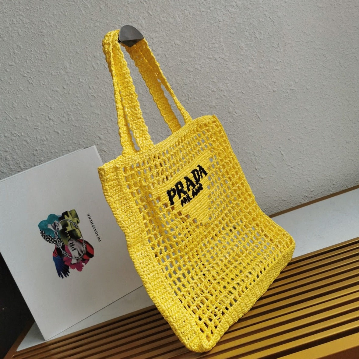 Boutique Quality || Prada Small Tote Bag in Yellow Woven Raffia