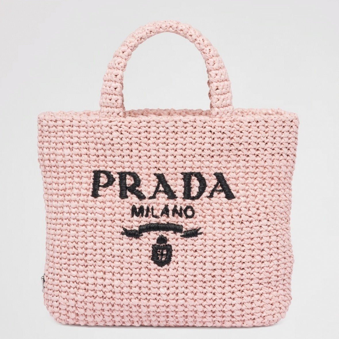 Boutique Quality || Prada Small Crochet Tote Bag in Pink Raffia-effect Yarn