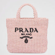 Boutique Quality || Prada Small Crochet Tote Bag in Pink Raffia-effect Yarn