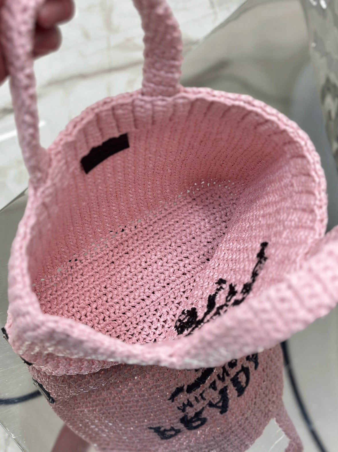 Boutique Quality || Prada Small Crochet Tote Bag in Pink Raffia-effect Yarn