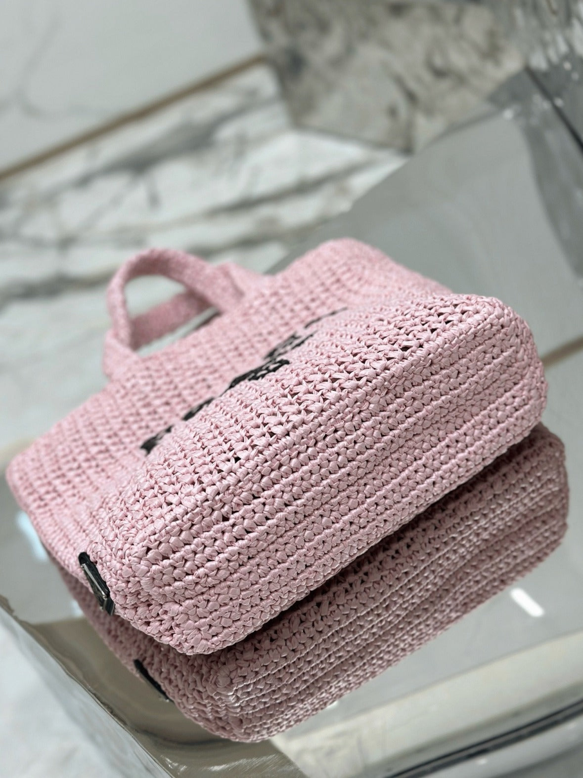 Boutique Quality || Prada Small Crochet Tote Bag in Pink Raffia-effect Yarn