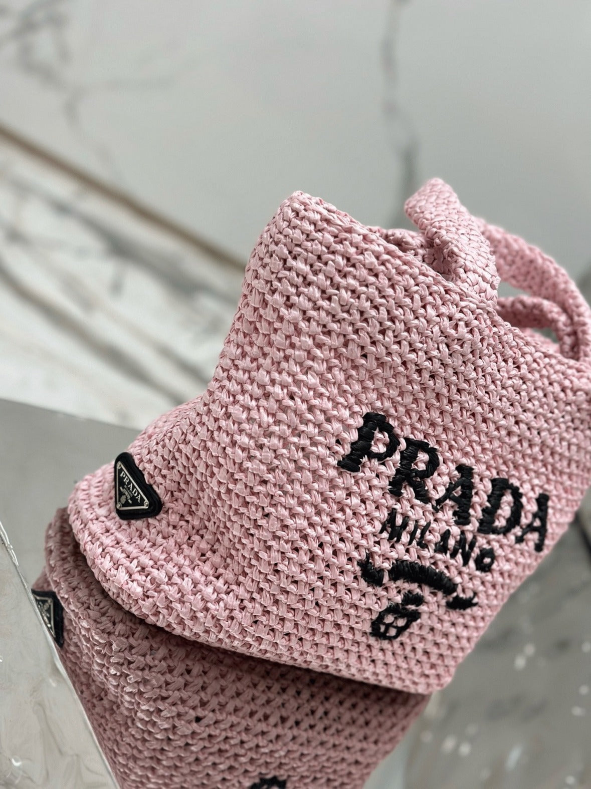 Boutique Quality || Prada Small Crochet Tote Bag in Pink Raffia-effect Yarn