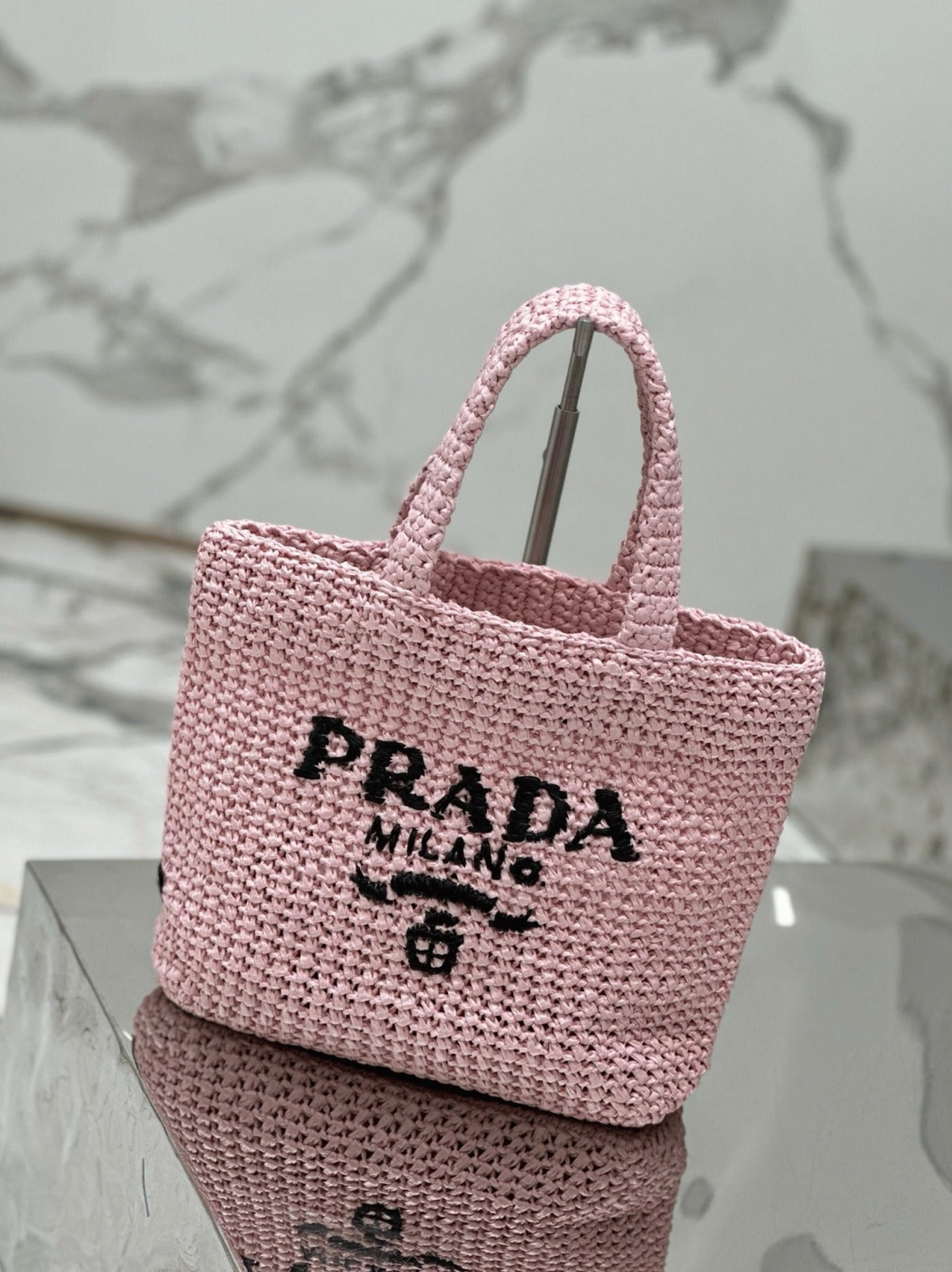 Boutique Quality || Prada Small Crochet Tote Bag in Pink Raffia-effect Yarn