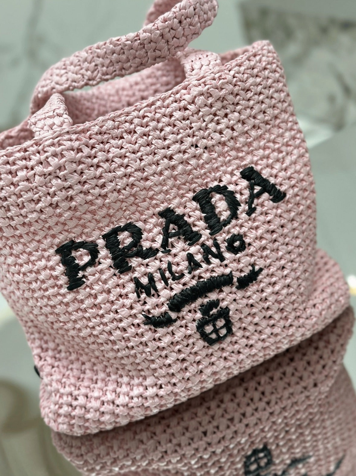 Boutique Quality || Prada Small Crochet Tote Bag in Pink Raffia-effect Yarn