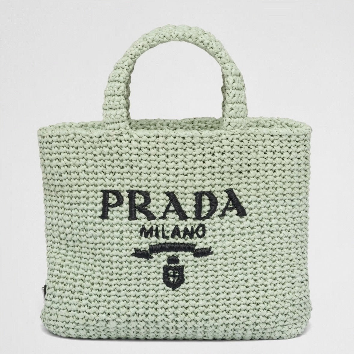 Boutique Quality || Prada Small Crochet Tote Bag in Aqua Raffia-effect Yarn