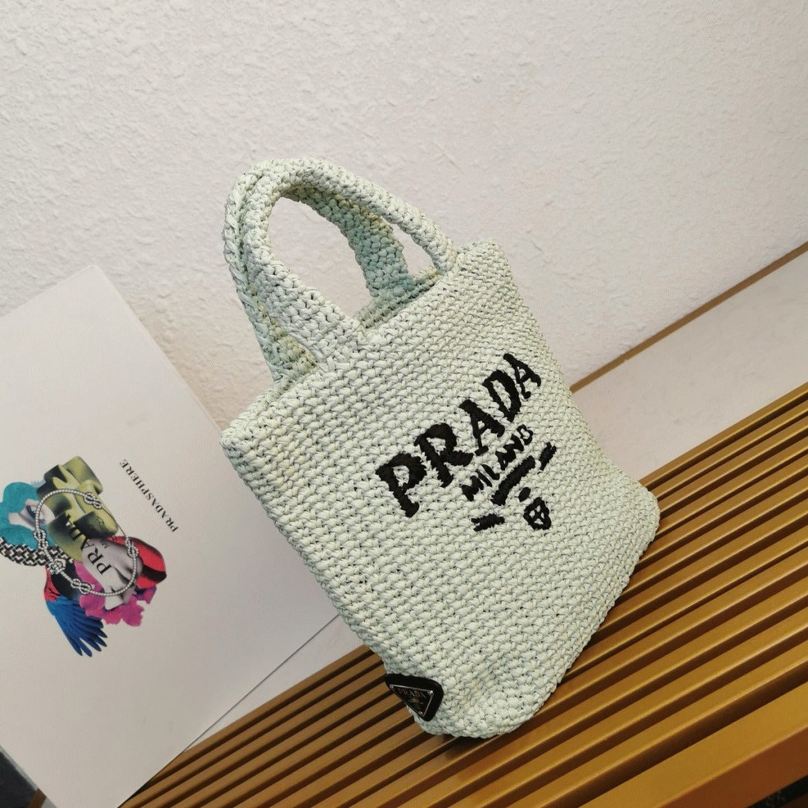 Boutique Quality || Prada Small Crochet Tote Bag in Aqua Raffia-effect Yarn