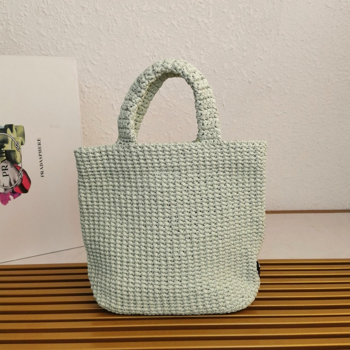 Boutique Quality || Prada Small Crochet Tote Bag in Aqua Raffia-effect Yarn