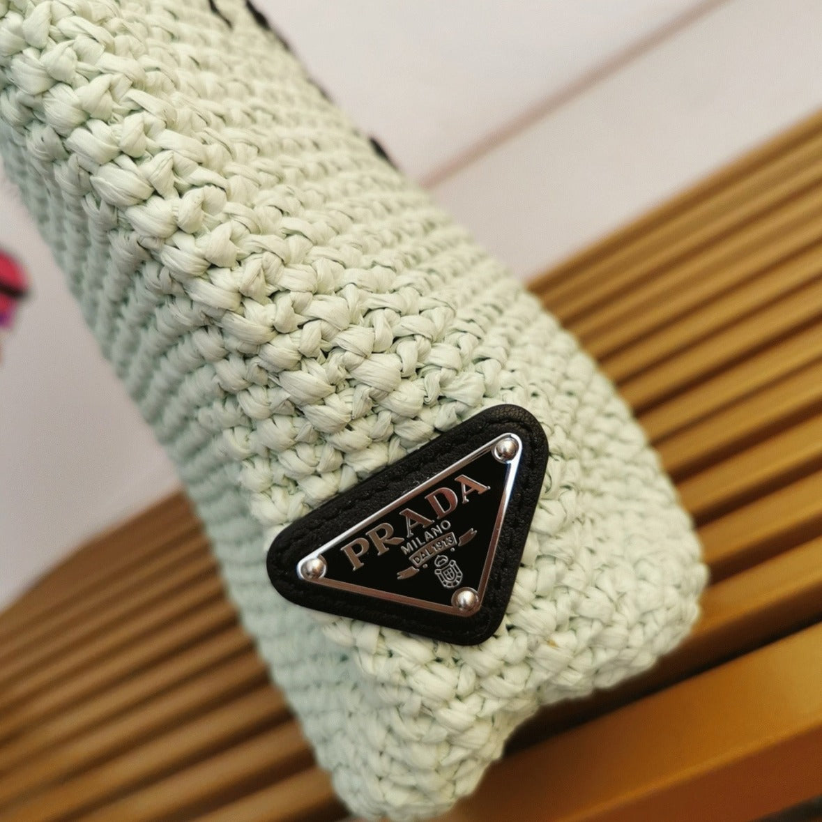 Boutique Quality || Prada Small Crochet Tote Bag in Aqua Raffia-effect Yarn