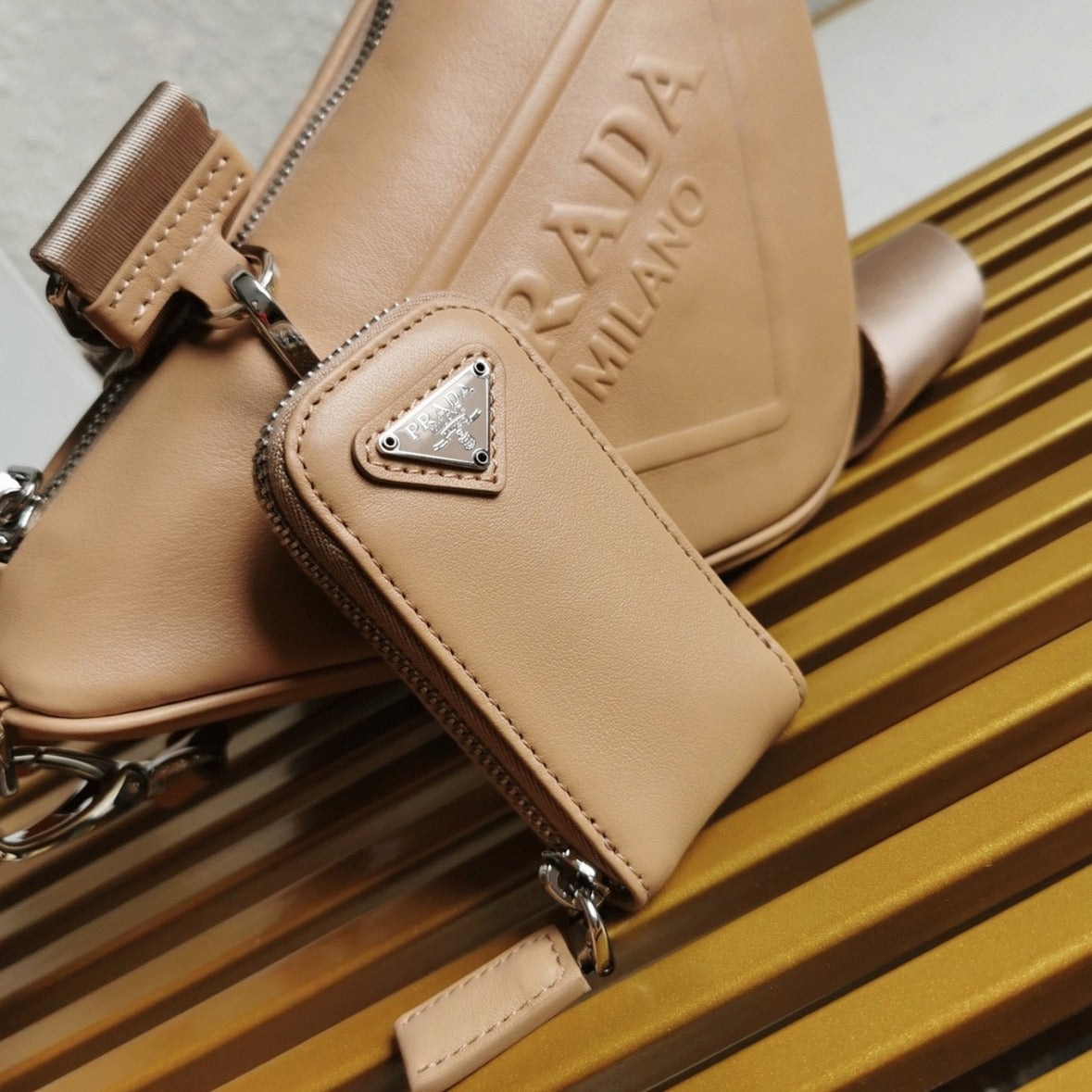 Boutique Quality || Prada Triangle Shoulder Bag in Beige