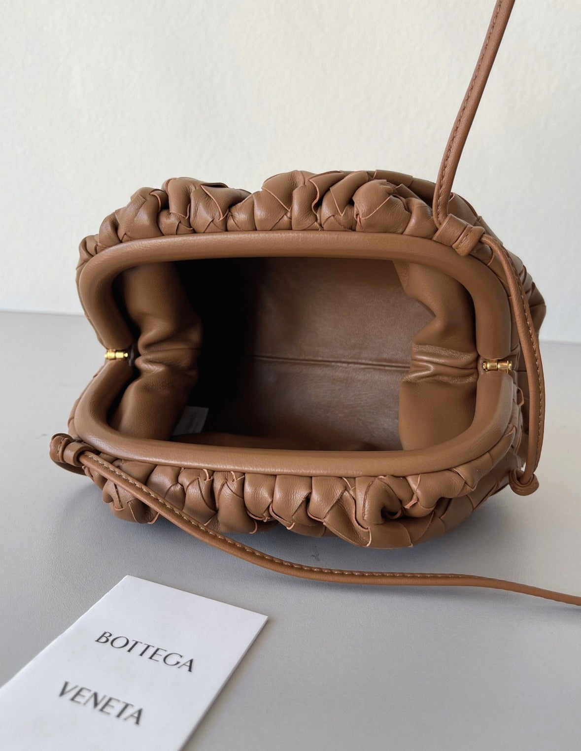 Boutique Quality || Bottega Veneta Mini Pouch with Strap Caramel