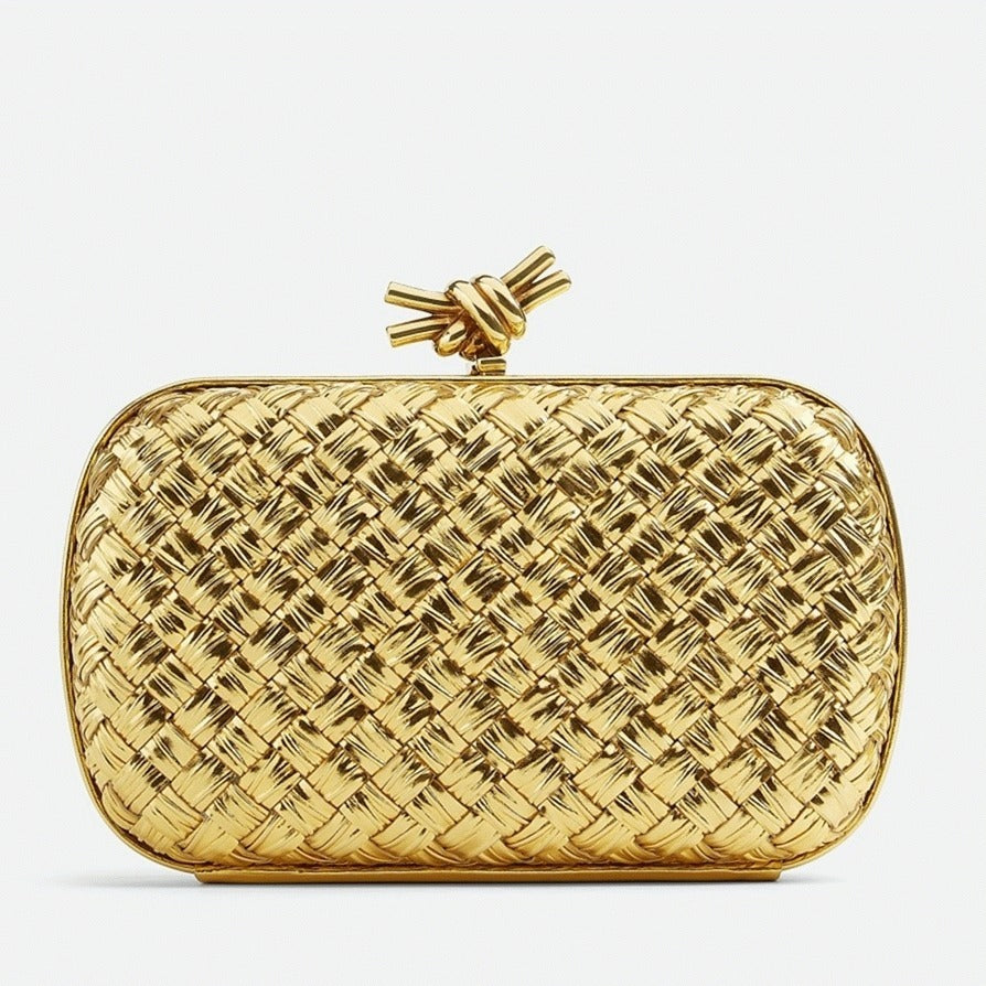 Boutique Quality || Bottega Veneta Knot Minaudiere Clutch Gold Intreccio