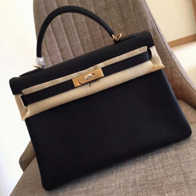 Boutique Quality || Black Clemence Hermes Kelly Retourne 32cm Classic Purse