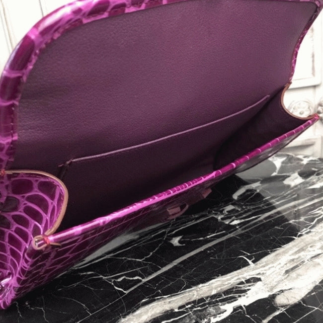 Boutique Quality || Fuchsia Crocodile Leather Knockoff Hermes Jige Elan 29 Bold Clutch
