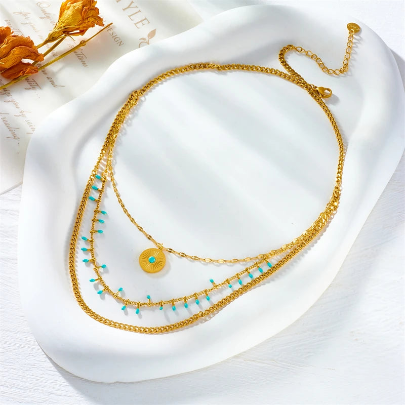 Stainless Steel Round Sun Blue Stone Pendant
