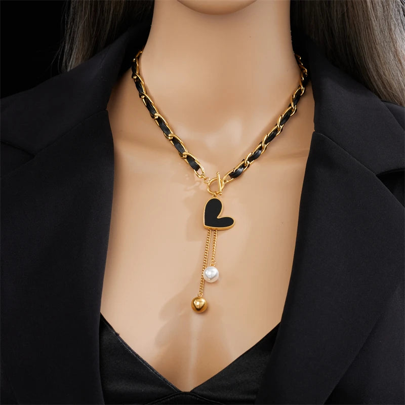 Stainless Steel Black Heart Pearl Ball Pendant