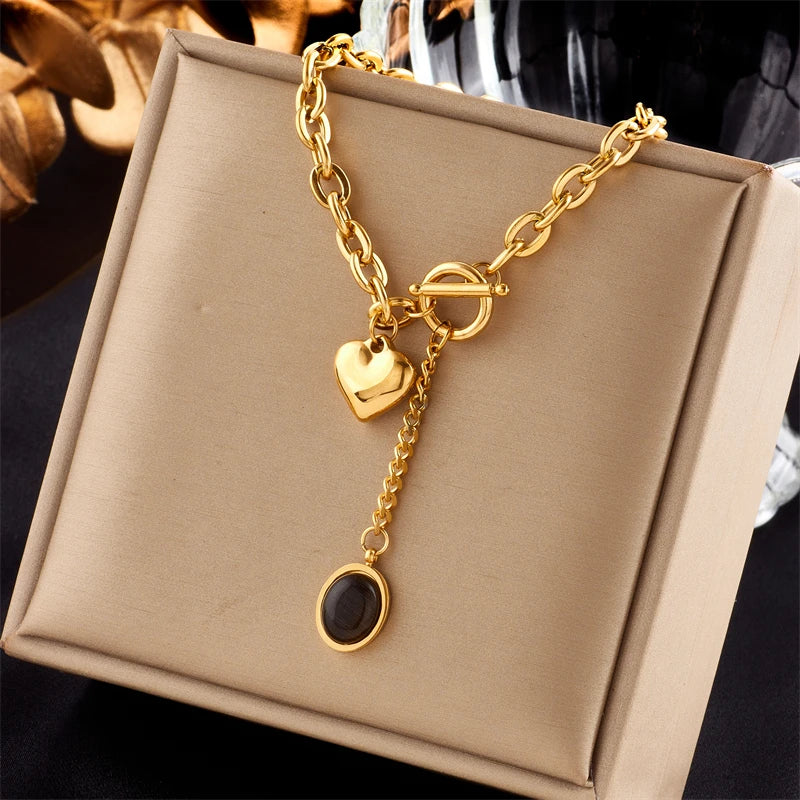 Stainless Steel Heart Black Stone Pendant