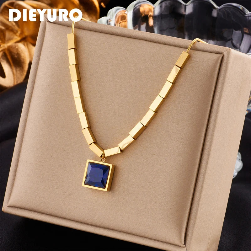 Stainless Steel Square Blue Zircon Necklace