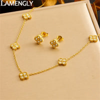 Thumbnail for Zircon Cylinder 4-Leaf Flower Necklace