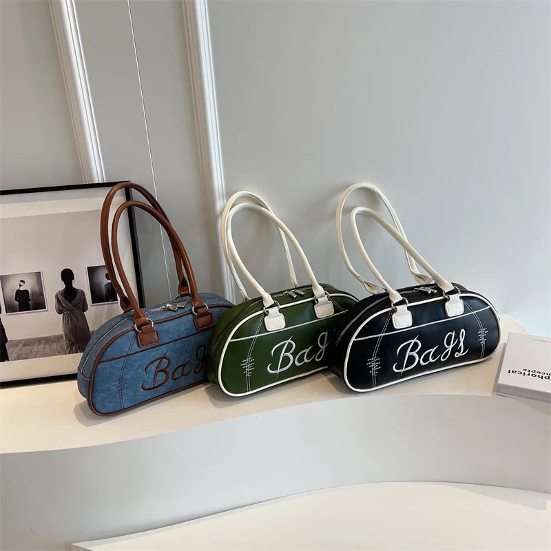 Embroidery Solid Color Long Handle Boston Bag