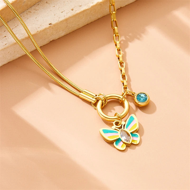 Stainless Steel Colorful Butterfly Zircon Necklace