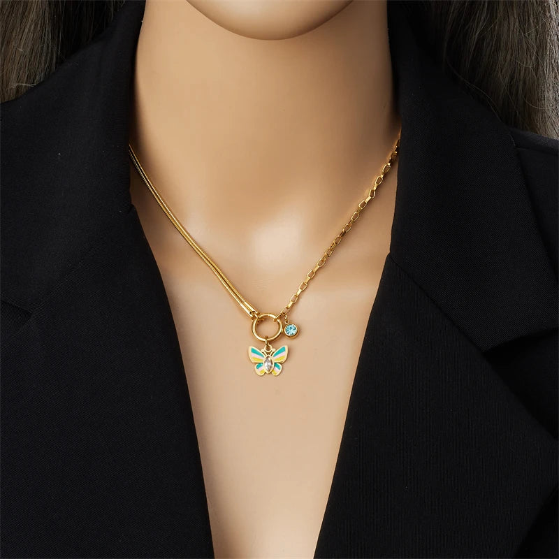 Stainless Steel Colorful Butterfly Zircon Necklace