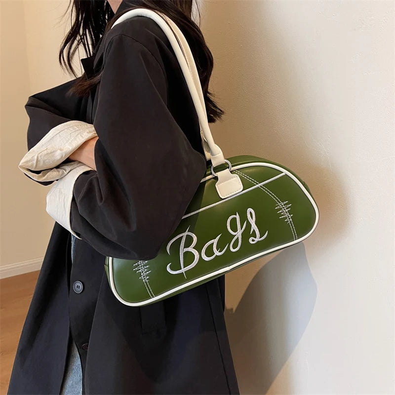 Embroidery Solid Color Long Handle Boston Bag